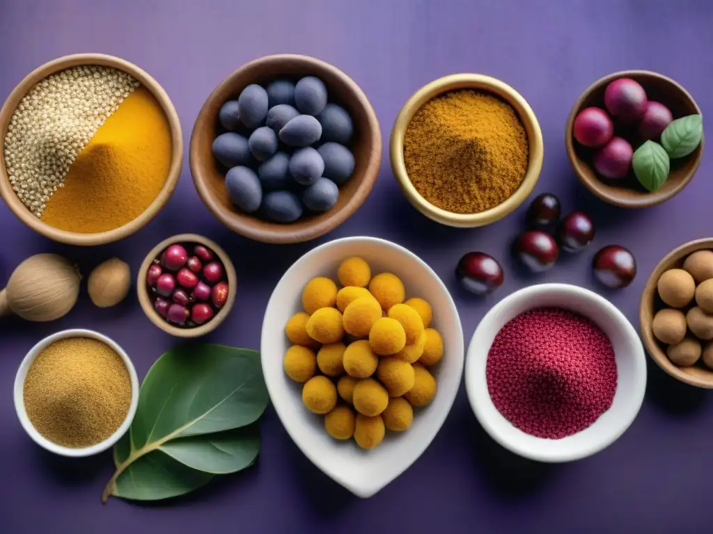 Una composición detallada de superfoods peruanos para rendimiento deportivo, resplandeciendo en una mesa rústica