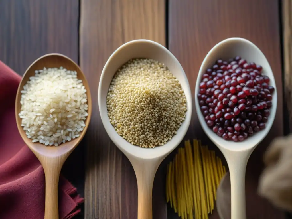 Una composición detallada de supergranos andinos en una mesa rústica, resaltando quinoa, amaranto y kiwicha