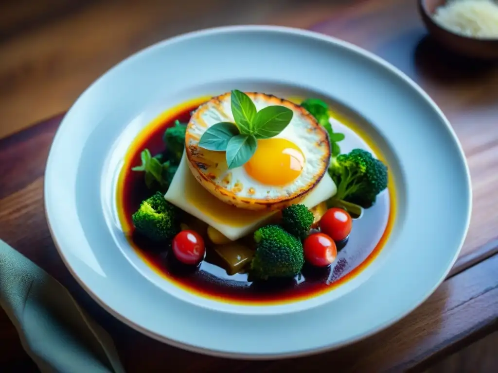 Una composición equilibrada de fotografía gastronómica: plato gourmet vibrante en mesa de madera rustica, iluminado por luz natural cálida