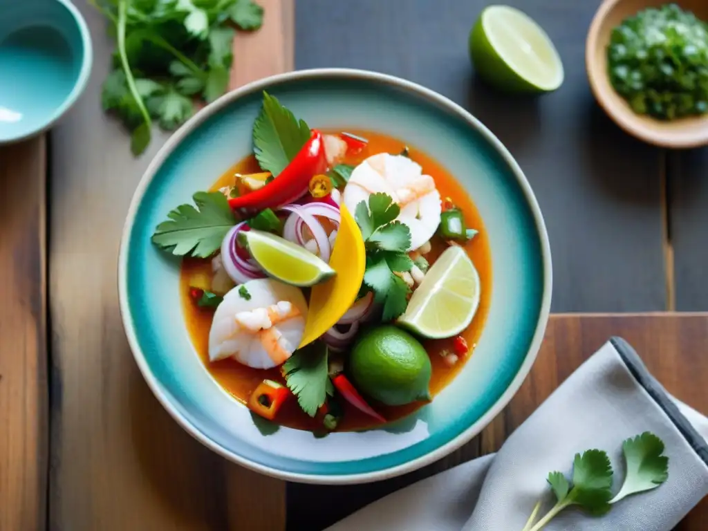 Una composición impresionante de ceviche peruano en una hermosa vajilla de cerámica, sobre una mesa rústica