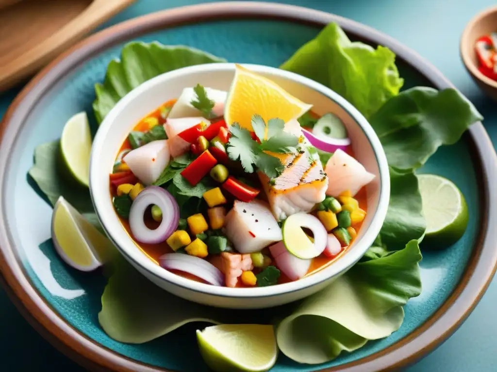 Una composición impresionante de ceviche peruano tradicional, con pescado fresco, cítricos, cebolla y chiles, en un tazón de cerámica artesanal