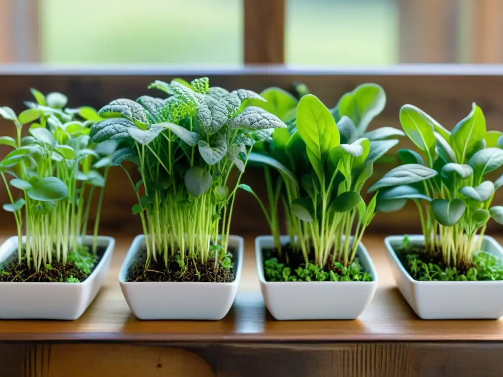 Una composición visualmente impresionante de microgreens recién cosechados en contenedores de cerámica, resaltando los Usos de microgreens en Perú