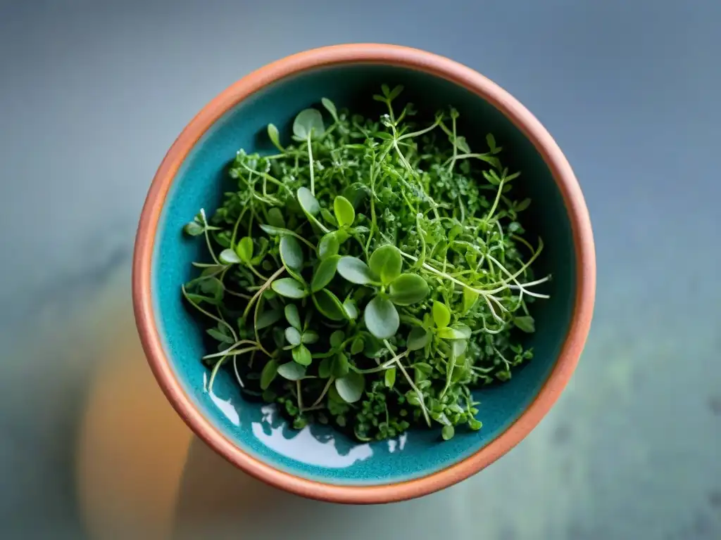 Una composición vibrante de microgreens recién cosechados en un bol peruano, resaltando colores y texturas