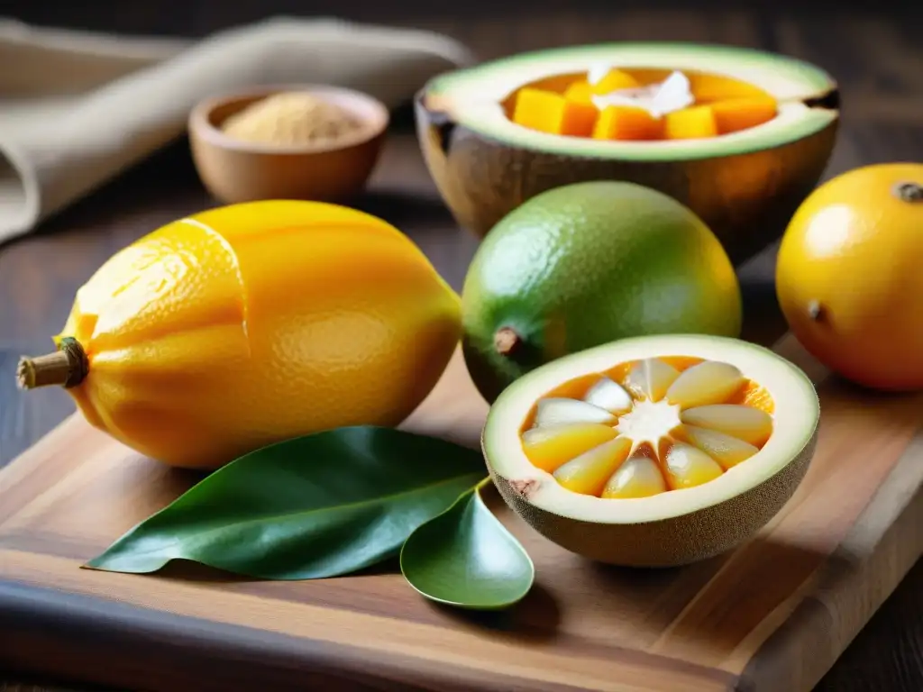 Una composición vibrante de frutas tropicales frescas en una mesa de madera rústica, listas para una Cremolada peruana refrescante y tradicional