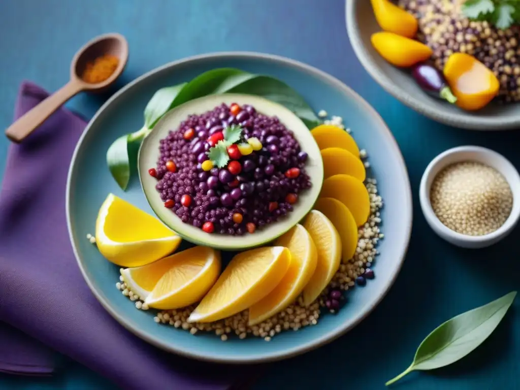 Una composición vibrante de ingredientes autóctonos de la gastronomía peruana, como maíz morado, quinua, ajíes y fruta de lúcuma