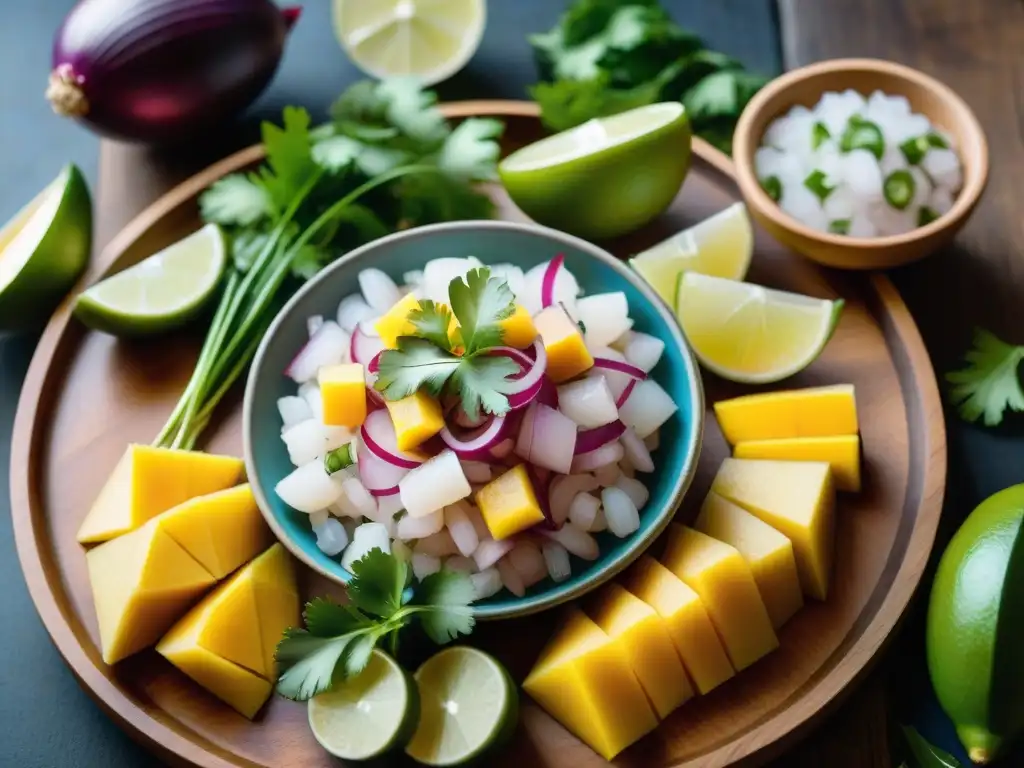 Una composición vibrante de ingredientes autóctonos para la presentación de ceviche, sobre una tabla de madera rústica