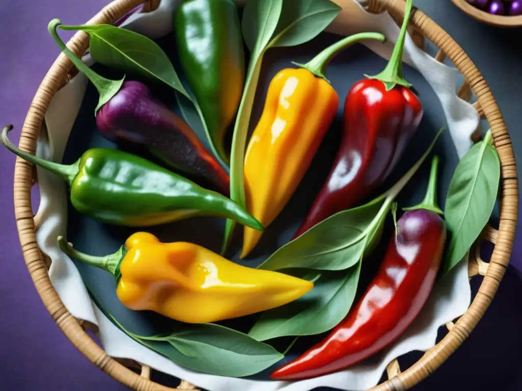 Una composición vibrante de ajíes peruanos rojos y amarillos en una canasta tejida, rodeados de hojas verdes de cilantro y papas moradas