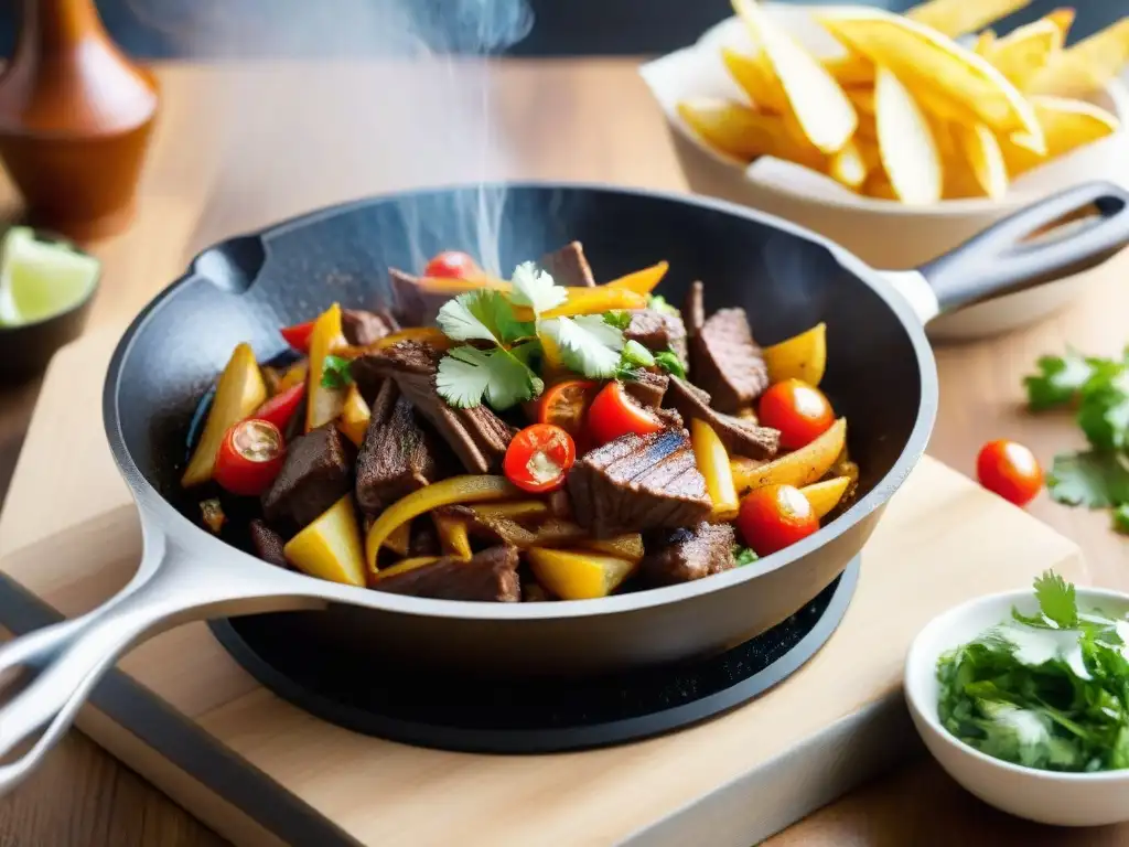 Una composición vibrante: Receta Lomo Saltado fusión cultural cobra vida en una sartén caliente