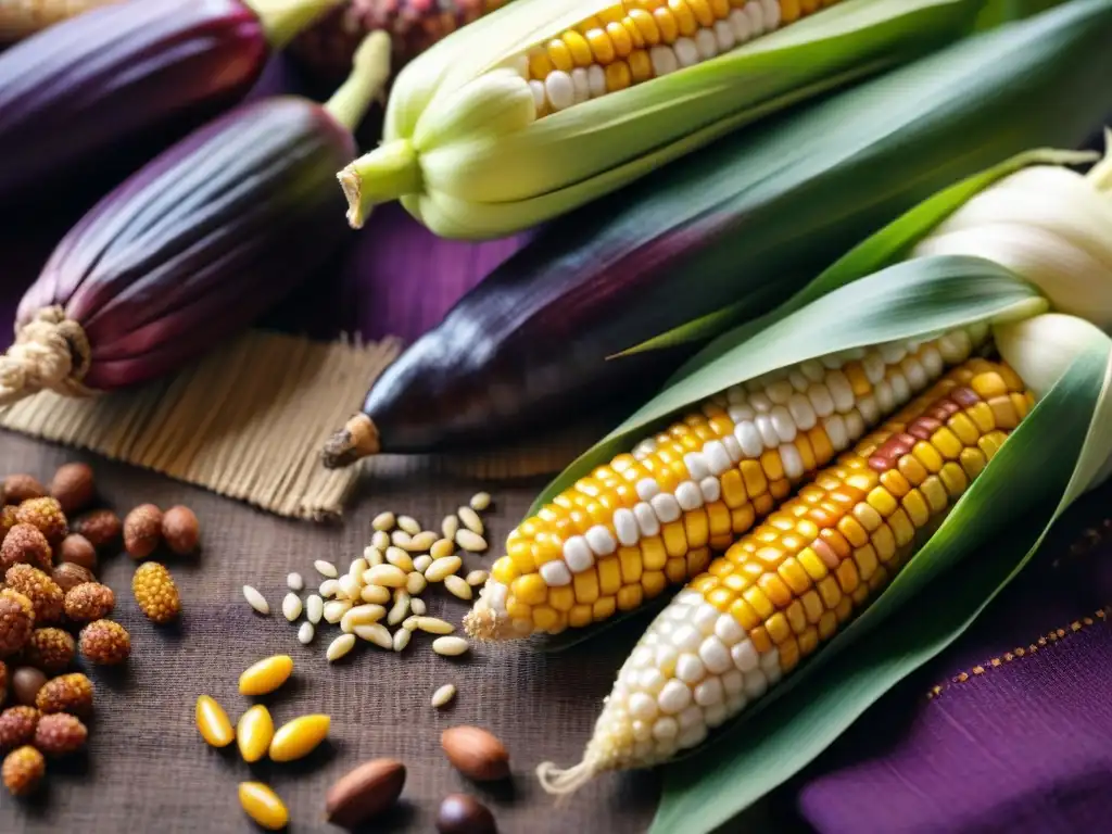 Una composición vibrante de superalimentos andinos en textiles rústicos, evocando la riqueza culinaria peruana