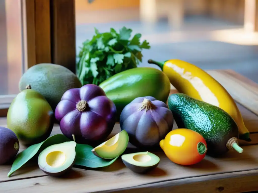 Una composición vibrante de vegetales frescos de la cocina peruana, resplandecientes y coloridos sobre una mesa rústica