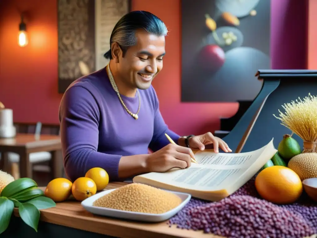 Composiciones inspiradas en gastronomía peruana: Compositor rodeado de ingredientes, escribiendo música en un piano