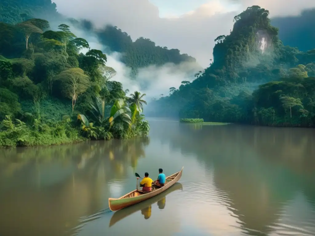 Comunidad indígena pesca en canoa tradicional en ríos amazónicos, reflejando dieta local