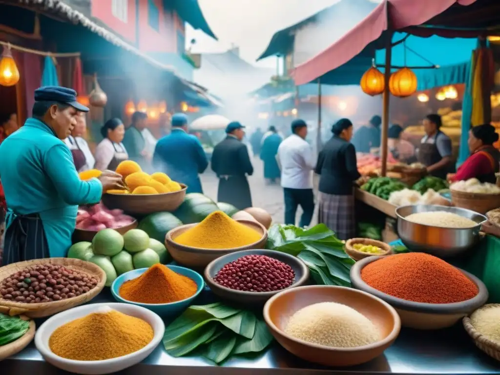 Un concurrido y detallado mercado peruano con gastronomía tradicional y platos vibrantes