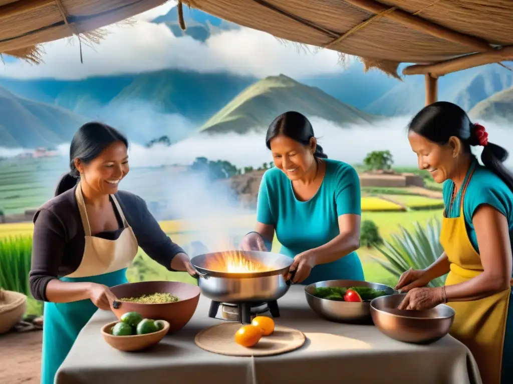 Una conmovedora escena de cocina peruana tradicional con cocinas solares sostenibles en armonía con la naturaleza