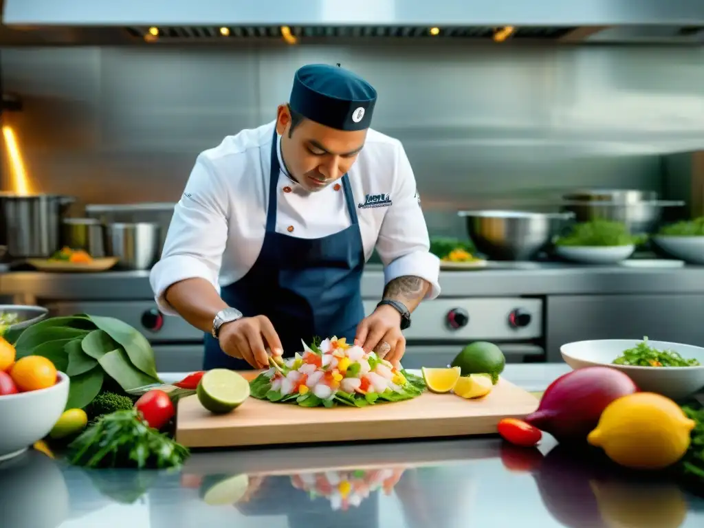 Evocando la evolución del ceviche contemporáneo en Perú, un chef prepara meticulosamente un ceviche innovador en una cocina de alta gama