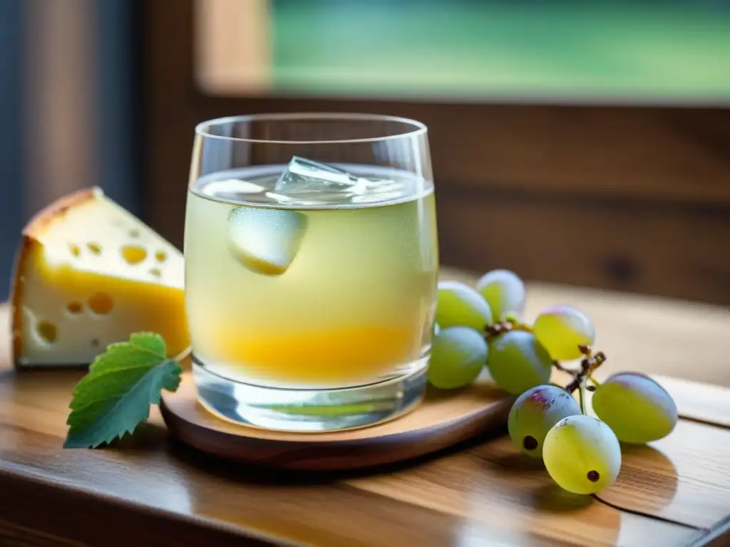 Una copa de pisco rodeada de uvas frescas y queso artesanal en una mesa rústica