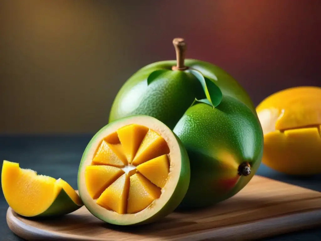 El corte detallado de mango, jugoso y brillante, revela los colores y texturas para preparar la receta refresco mango ají peruano