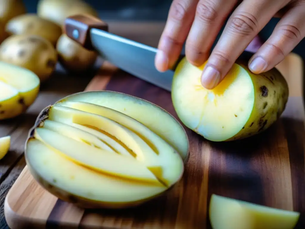 Corte preciso de papas amarillas peruanas en rodajas sobre tabla rústica