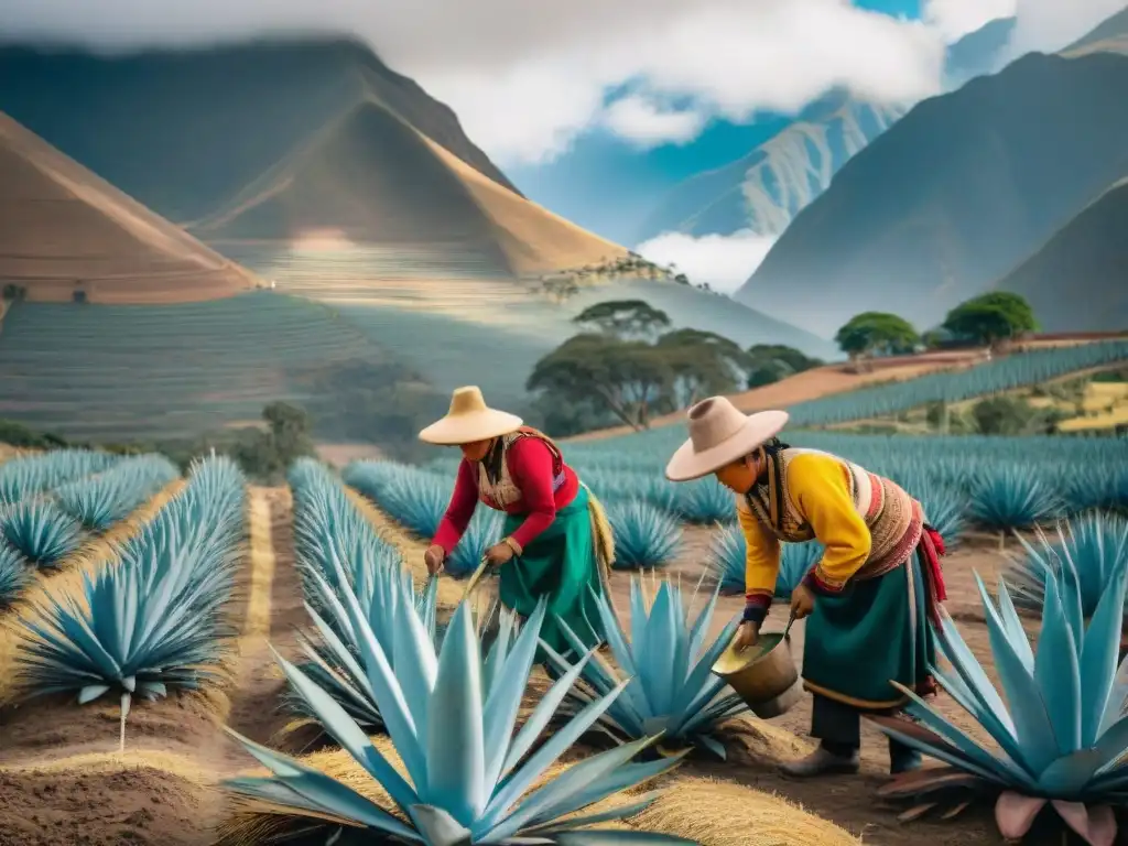 Cosecha de agave por agricultores peruanos bajo el sol andino, produciendo bebidas ancestrales del Perú