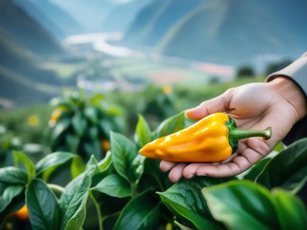 Cosecha de ají amarillo brillante bajo el sol peruano, resaltando su frescura y la belleza natural