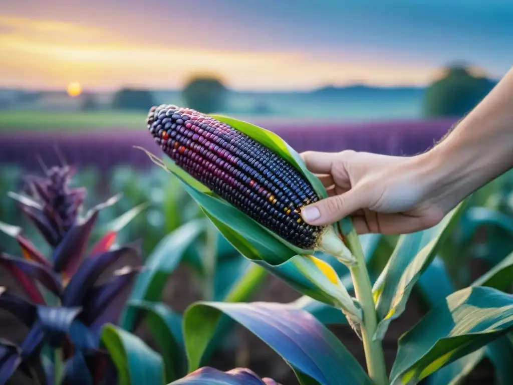 Una cosecha ancestral de maíz morado, resaltando su belleza natural y significado cultural al amanecer