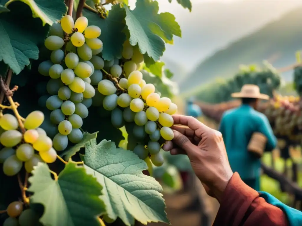 Cosecha artesanal de uvas doradas para preparar Pisco Sour auténtico al amanecer