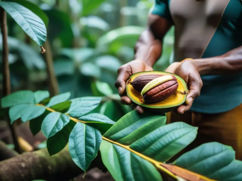 Cosecha de cacao peruano en la selva amazónica: agricultores indígenas recolectando frutos maduros con machetes