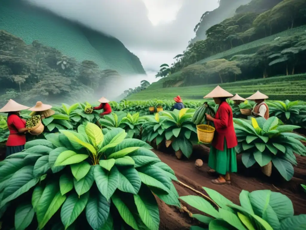 Cosecha de cacao peruano en sistema agroforestal sostenible, armonía entre agricultura y naturaleza