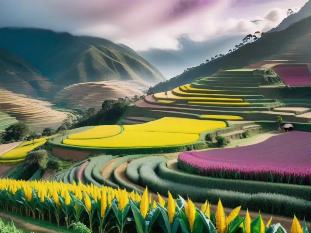 Cosecha colorida de quinoa y maíz morado en un paisaje peruano, con agricultura sostenible en cocina fusión