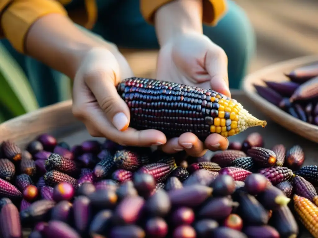 La cosecha manual de granos de maíz morado peruano para la tradicional receta chicha morada