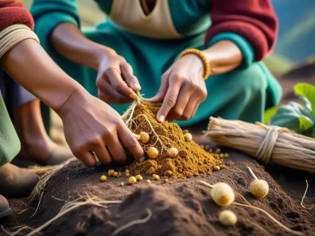 Cosecha de raíz de maca por agricultores peruanos en los Andes, destacando la conexión entre la gente, la tierra y la cocina peruana