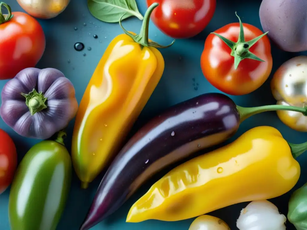 Una cosecha orgánica peruana vibrante con tomates, papas moradas, maíz y pimientos bajo la luz de la mañana