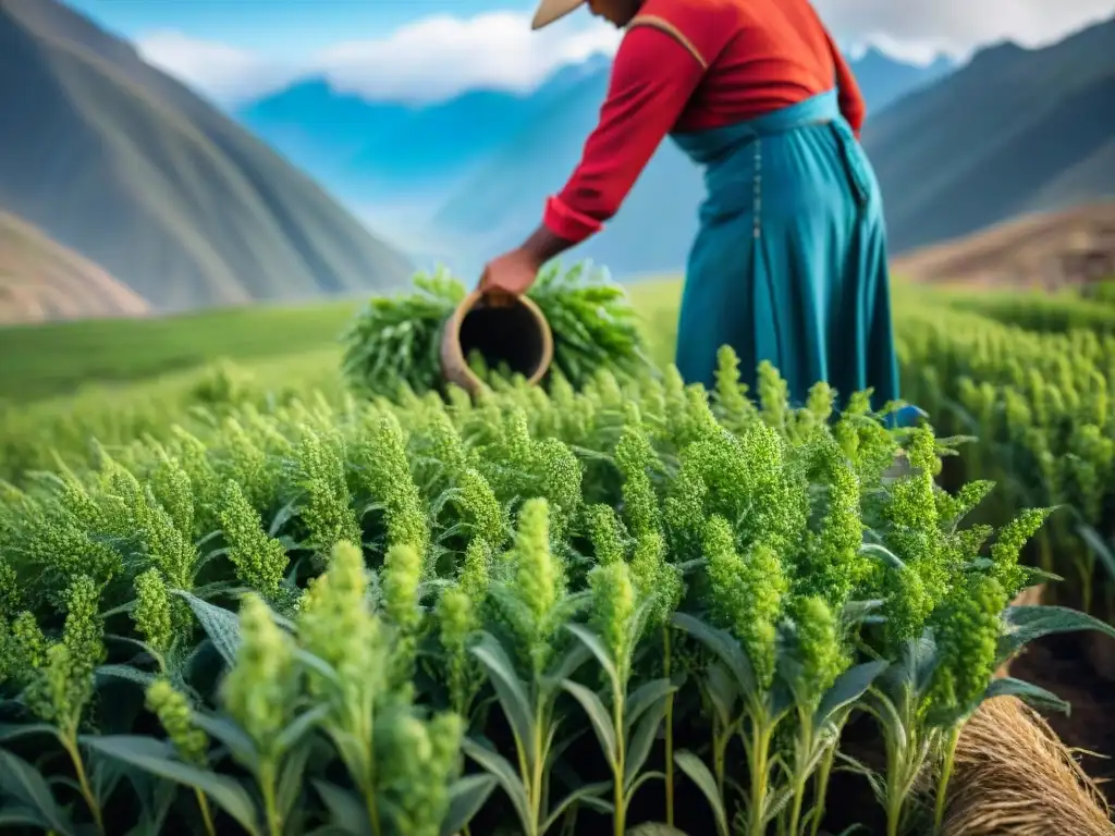 Cosecha de quinua en los Andes: agricultor peruano recolectando semillas, reflejo de la gastronomía peruana quinua recetas tradicionales