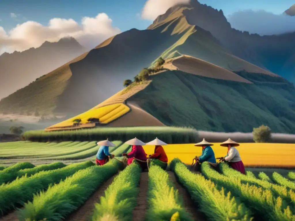 Cosecha de supergranos andinos en campo colorido, cultivados por agricultores andinos en atuendos tradicionales bajo el sol poniente