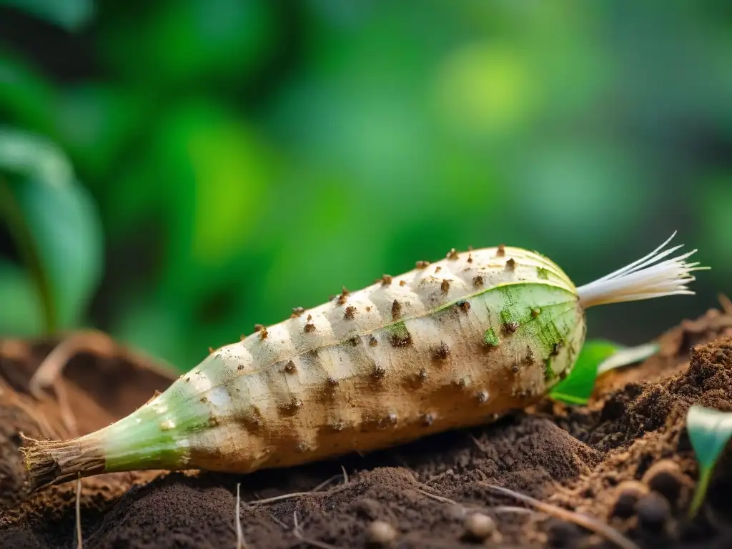 Raíz de yuca recién cosechada con tierra y gotas de agua, resaltando su frescura y textura