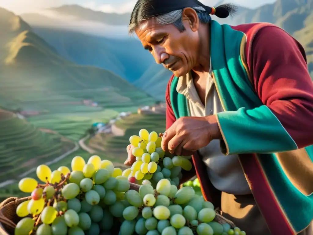 Un cosechador de uvas en una bodega peruana, con los Andes de fondo, reflejando la dedicación y artesanía en la producción de pisco