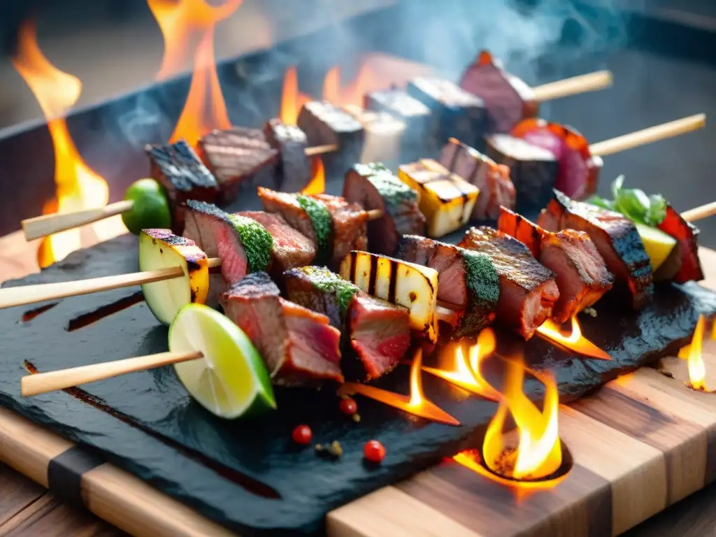 Fotografía creativa de anticuchos peruanos asados a la parrilla con maridaje de colores y aromas