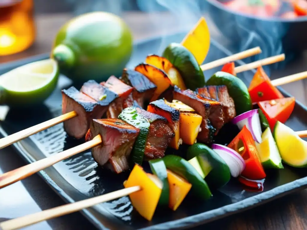 Fotografía creativa de anticuchos peruanos: Detalle de un anticucho perfectamente cocido con vegetales asados, en un ambiente tradicional