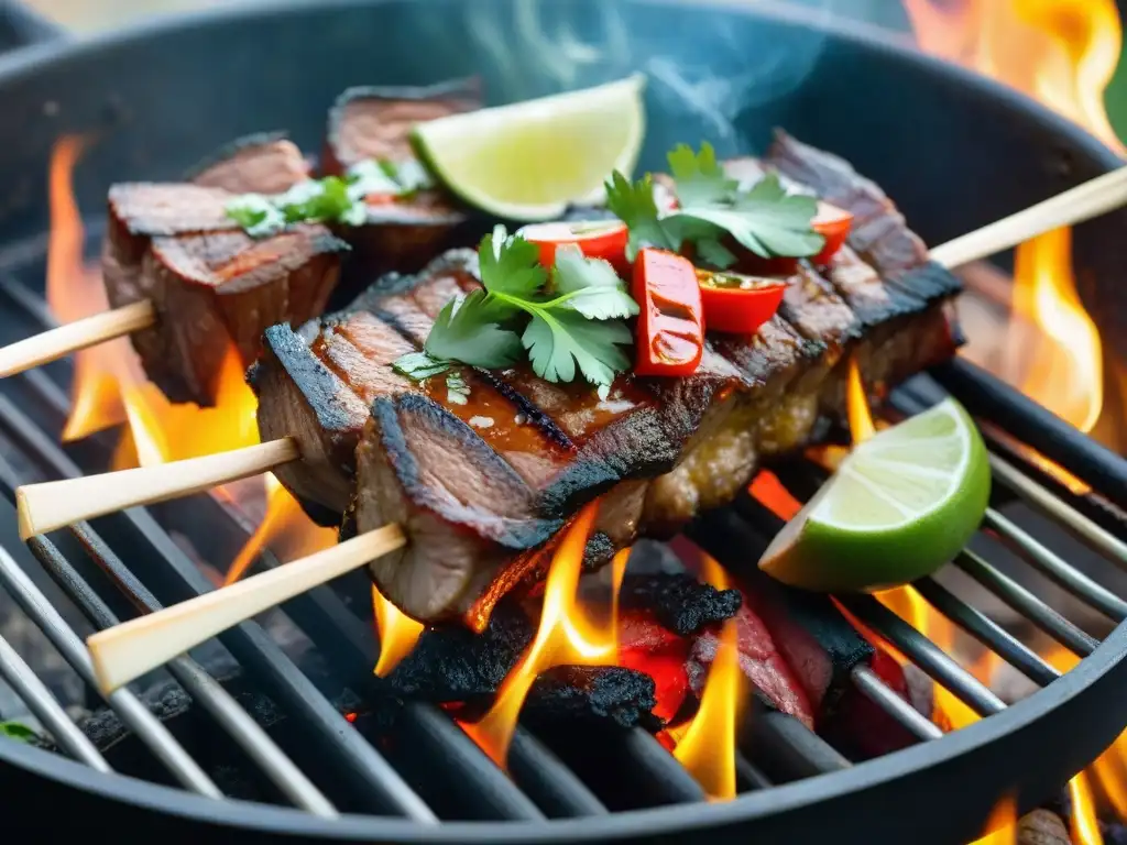 Fotografía creativa de anticuchos peruanos: Detalle de anticuchos de carne asada con salsa roja brillante y guarniciones coloridas