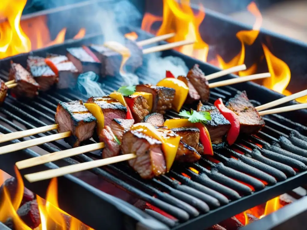 Fotografía creativa de anticuchos peruanos en la parrilla, con colores vibrantes y detalles que despiertan los sentidos