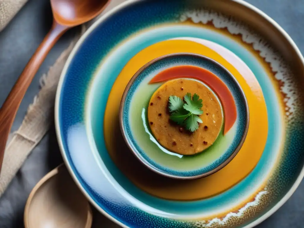 Una cuchara de palo en una mesa llena de platos de la cocina peruana, mostrando detalles y colores vibrantes