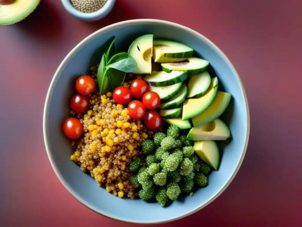 Deléitate con un cuenco de ensalada de quinua colorida en cocina peruana con supergranos