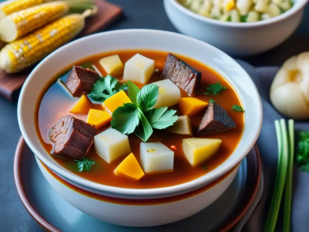 Un cuenco humeante de Patasca: caldo andino tradicional, con vibrantes colores y texturas