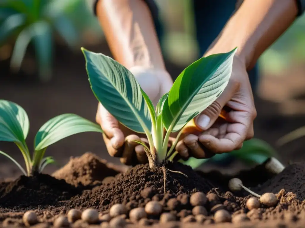 Plantando con cuidado una plántula de yuca en la fértil tierra amazónica