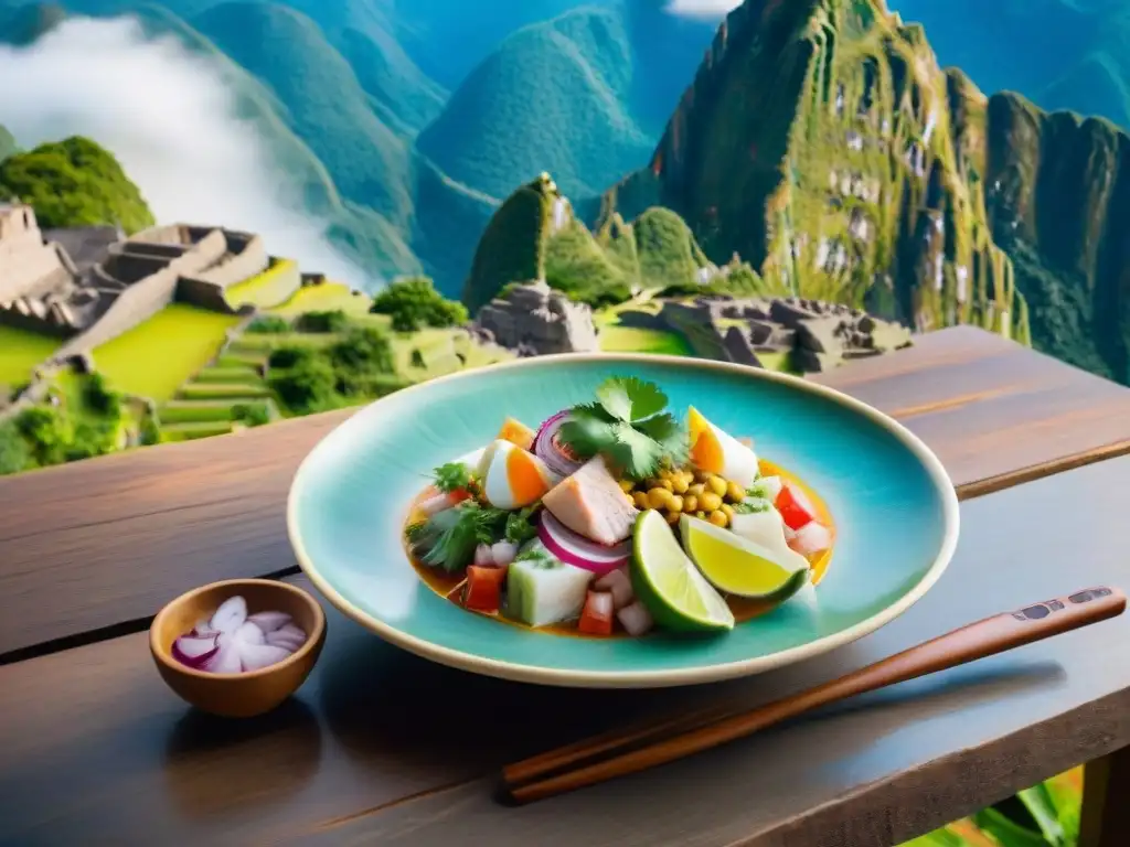 Fotografía culinaria de ceviche peruano frente a Machu Picchu, con limón, cebolla y cilantro