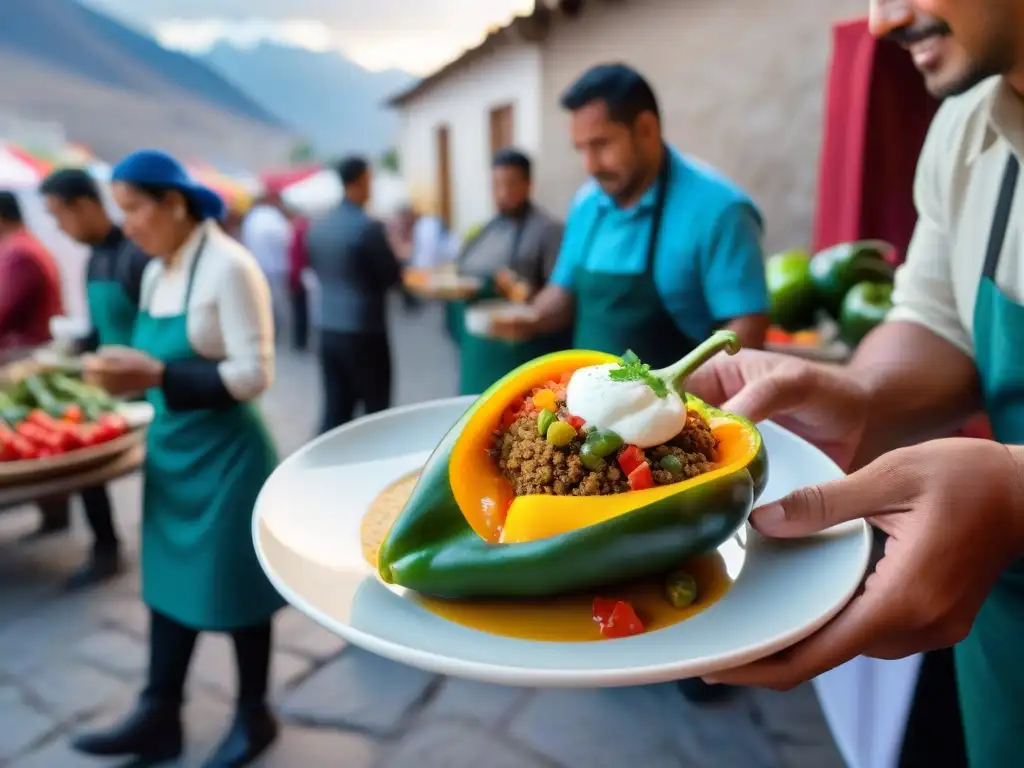 Celebración culinaria en festival gastronomía arequipeña Perú: chefs preparan rocoto relleno mientras visitantes disfrutan