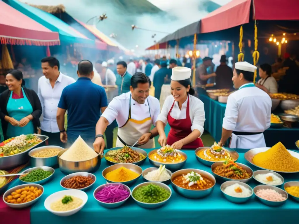 Celebración culinaria en festival de comida peruana con ceviche, lomo saltado y causa