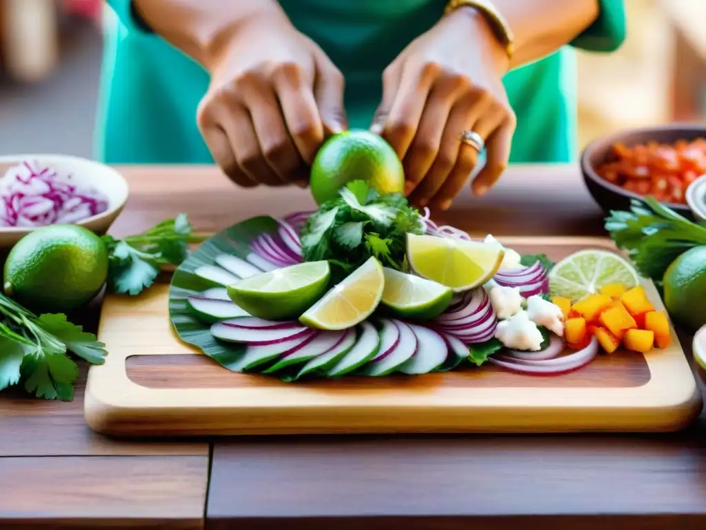 Fotografía culinaria peruana autóctona: Un chef peruano preparando ceviche en un mercado de Lima