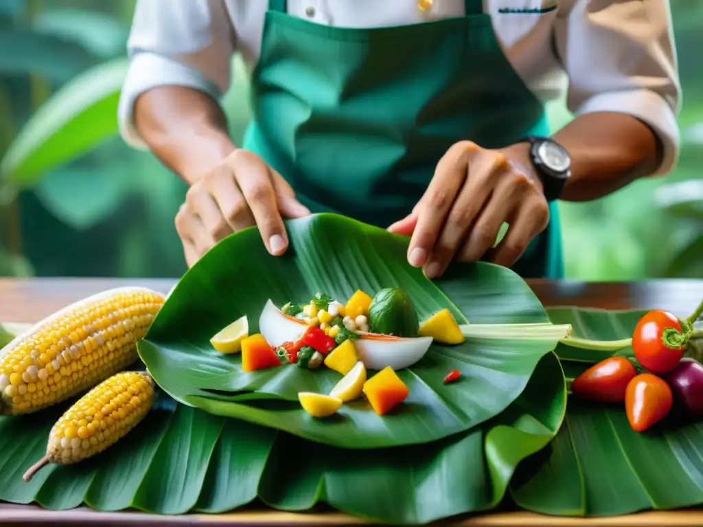 Fotografía culinaria de platos peruanos: Chef preparando ceviche en la selva