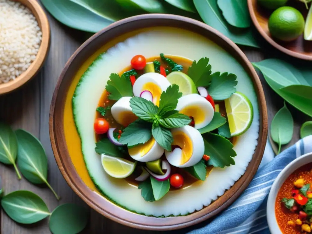 Fotografía culinaria platos peruanos: Ceviche tradicional peruano rodeado de naturaleza y textiles coloridos